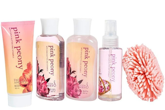 Pink Peony Bathroom Bath Set for Women, Complete Skincare Products in a Natural Wood Plant Box, Body Lotion, Shower Gel, Bubble Bath, Body Spray, Puff Mother’s Day Gift for Mom