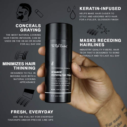 The Rich Barber N’Hance Hair Building Fibers, 3 Month Supply - Barber Hair Thickening Fibers, 25 grams - Grey Hair Concealer Spray - Sharper Hairlines, Thicker Beard & Fuller Hairstyling (Dark Brown)