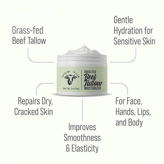 Supreme Grass Fed Beef Tallow Moisturizer For Sensitive Skin. Unscented Ultra High Purity Whipped Tallow Balm. 2-In-1 Face Cream And Body Lotion For Dry, Damaged, Or Sensitive Skin Care.