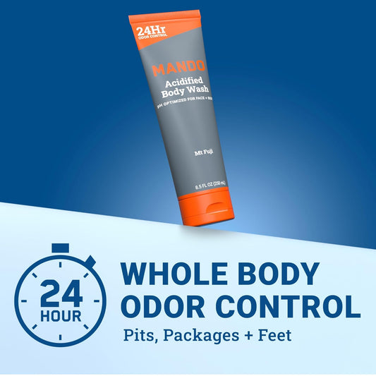 Mando Odor Shield Body Wash - 24 Hour Control - Removes Odor Better than Soap - SLS Free, Paraben Free, Skin Safe - 8.5 Ounce (Pack of 2) (Mt Fuji)