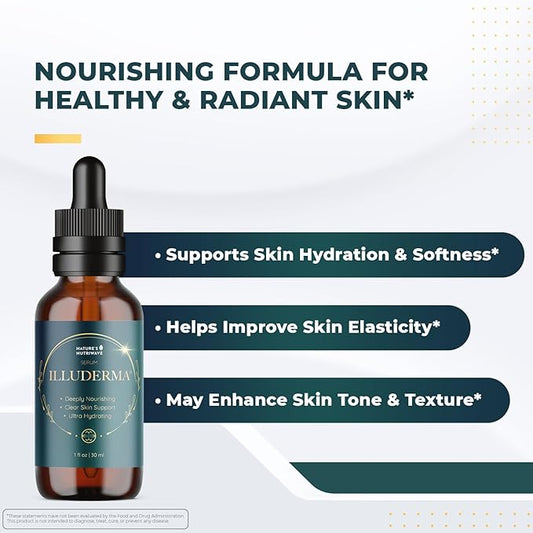 Illuderma Serum – 100% Natural Facial Serum with 16 Beneficial Ingredients for Hydrated, Nourished Skin – 1 Oz, 30ml, 6 Month Supply