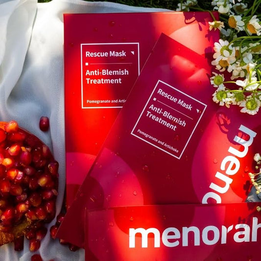 menorah skincare - Anti-Blemish Treatment Rescue Sheet Masks (4 Sheets) - with Pomegranate, Artichoke, Acne Facial Masks, Instant Recovery, Oil-Water Balabce, Acne Skin, Organic cotton sheet mask