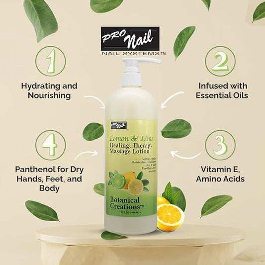 PRO NAIL - Healing Therapy Massage Lotion - Professional Pedicure, Body and Hot Oil Manicure, Infused with Natural Oils, Vitamins, Panthenol and Amino Acids (Lemon and Lime, 32 Oz)