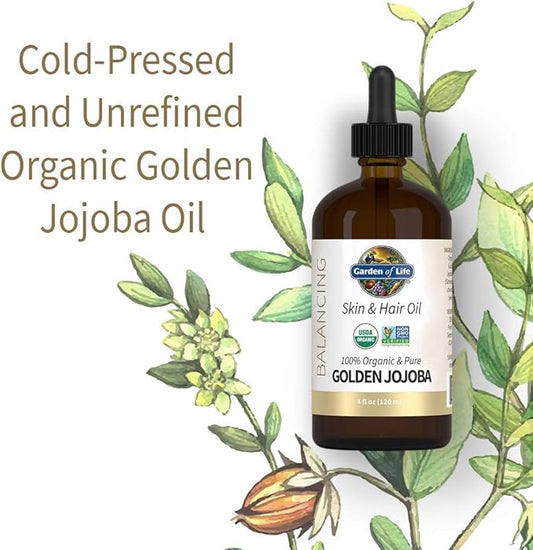 Garden of Life Jojoba Oil 100% Organic & Pure Golden Jojoba Oil for Hair, Skin and Face - Cold Pressed Jojoba Body Oil, Massage, or Use as a Carrier Oil for Making Lip Balms & Body Butters, 4 fl oz