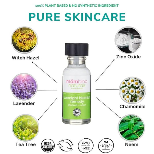 Mambino Organics Overnight Blemish Solution Roll-On | Acne & Pimple Spot Care | Tea Tree & Plant-Based Formula | Cruelty-Free Skincare | 15 ml