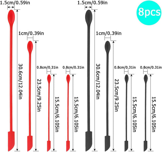 8 Pcs Mini Spatulas Makeup Scraper, Silicone mini spatula for cosmetics, Reusable Small Thin Jar Scraper for Getting Lotion out, Bottle Scraper for Kitchen Food Beauty Make up, Red Black