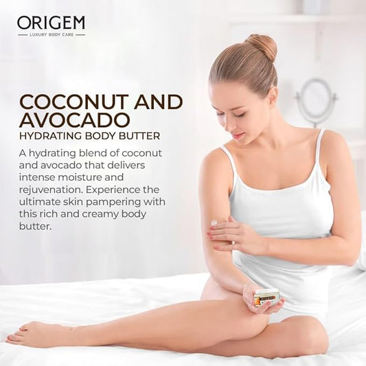 ORIGEM Body Butter for Dry Skin – Deep Hydration & Skin Repair – Coconut, Avocado, Shea & Argan Oil – Vitamin E Moisturizer for Women – Non-Greasy Body Cream – 8 Oz