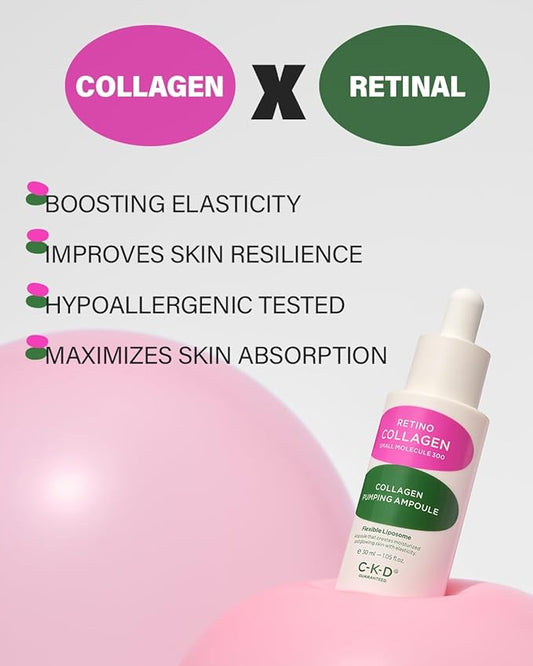 CKD Retino Collagen Small Molecule 300 Collagen Pumping Ampoule, Dual Function Face Ampoule for Wrinkle Care & Tone Correction, Anti-aging Serum to Improve Skin Density & Firmness, 1.01 fl. oz.