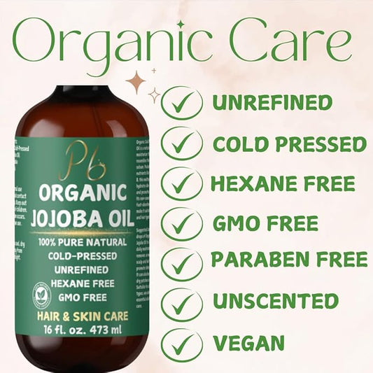 Organic Jojoba Oil– 100% Pure, Cold-Pressed, Unrefined & Hexane-Free – Golden Jojoba Oil for Face, Body, Hair & Nails – Supports Hair Growth, Anti-Aging & Wrinkle Reduction – 16 fl oz Glass Bottle