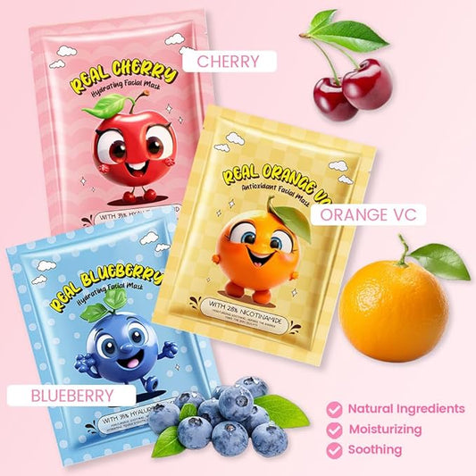 Kaely 12 Pack Fruit Face Masks for Kids, Kids Face Mask Spa Day kit Supplies, Spa Party Favors for Teens Girls Women, Sheet Facial Mask Skincare Gifts Set, Moisturize Soothe for All Skin Types, 04