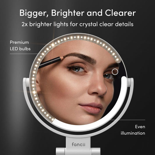 Fancii Travel Magnifying Mirror 10x /1x with Lights, Rechargeable | 9-Inch Extra Large LED Lighted Makeup Mirror, Folding Double Sided Portable Vanity Mirror, 3 Light Settings, Touch Sensor (Sadie)