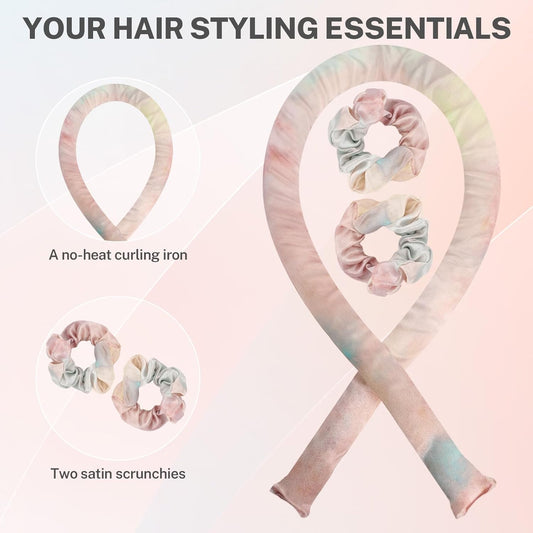 Satin Heatless Hair Curler,Heatless Curls Overnight, Rollers for Long Hair with 2 Hair Scrunchies,Sleep-Friendly Damage-Free Curlers for Soft Natural Waves (Sunset)