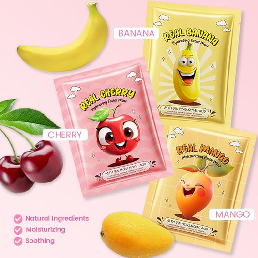 Kaely 6 Pack Fruit Face Masks for Kids, Kids Face Mask Spa Day kit Supplies, Spa Party Favors for Teens Girls Women, Sheet Facial Mask Skincare Gifts Set, Moisturize Soothe for All Skin Types, 01