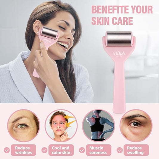 Hilph Ice Roller for Face Metal, Stainless Steel Ice Face Roller for Skin Care, Cold Facial Massager Roller for Puffiness, Eye Bags (Pink)