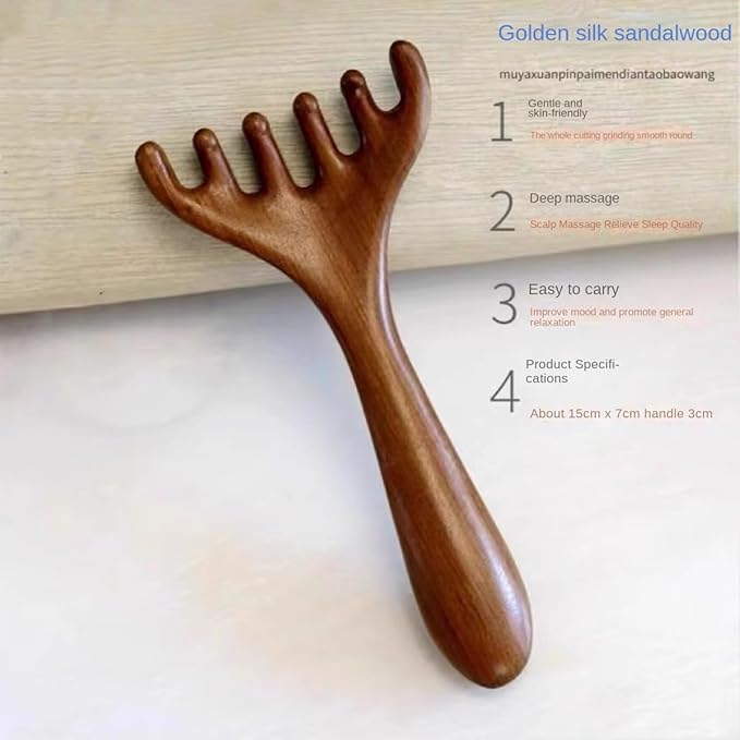 Golden Sandalwood Massager Tool Eye Massage Device Scalp Gua Sha Wooden Comb Forehead Massage Tools with Gift Box (6 Claws)