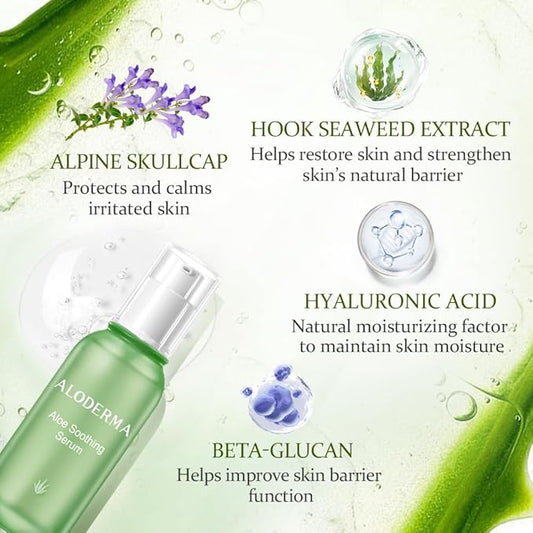 Aloderma Soothing Face Serum with 65% Organic Aloe Vera - Freshly Harvested Aloe for Sensitive Skin with Beta-Glucan & Arginine - Calming, Nourishing & Revitalizing Facial Serum for Clean Skin, 1.7oz
