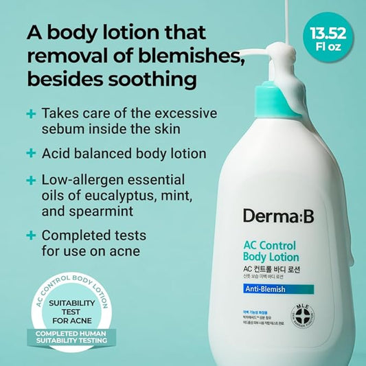 Derma B | AC Control Body Lotion | Moisturizer for Anti-Blemish & Pimples | Water-Oil Control | Hypoallergenic Solution for All Skin Types | Body Cream for Soothing & Refreshing | 13.52 fl oz (400ml)