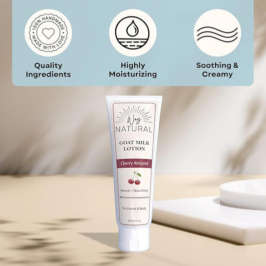 Goat Milk Lotion, Cherry Almond - Home & Away Set, Natural, Body/Hand - Goat Milk Hand Cream for Women and Men - Dry Skin Relief - Cherry Almond Lotion - 8oz & 2oz Travel Size Tube