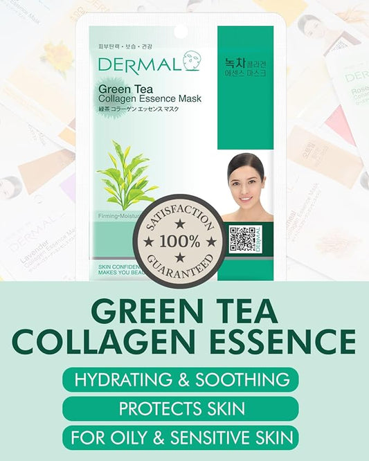 DERMAL Green Tea Collagen Essence Facial Mask Sheet 23g Pack of 100 - Hydrating and Soothing for Sensitive Oily Skin, Revitalize Dull Skin, Daily Skin Treatment Solution Sheet Mask