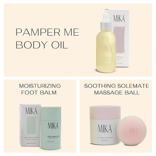 Pamper Me Bundle Body Oil Foot Balm Massage Ball | 3-Piece Beauty Kit with Organic Body Oil for Dry Skin Foot Balm for Dry Cracked Feet and Massage Ball | Clean Beauty, Vegan and Paraben Free