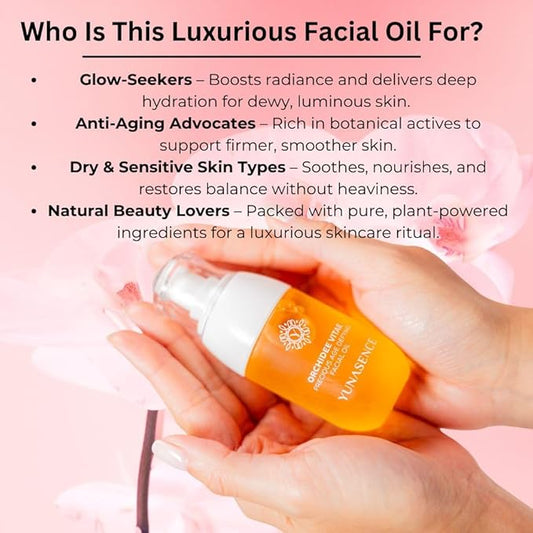 YUNASENCE ORCHIDEE VITAE Precious Organic Anti-Aging Facial Oil Serum, Face oil with Orchid Flower, Argan, Maracuja, Papaya, Vitamin C, 1oz