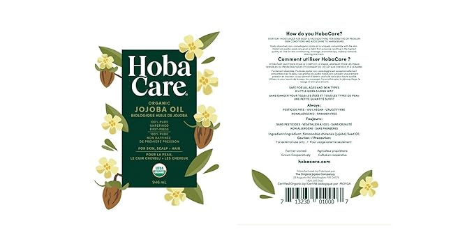 HobaCare 100% Pure, Unrefined Organic Jojoba Oil for Skin & Nails - Moisturizing Body Oil & Face Moisturizer for Dry Skin - Natural Treatment for Hair & Beard Care (32 fl oz)