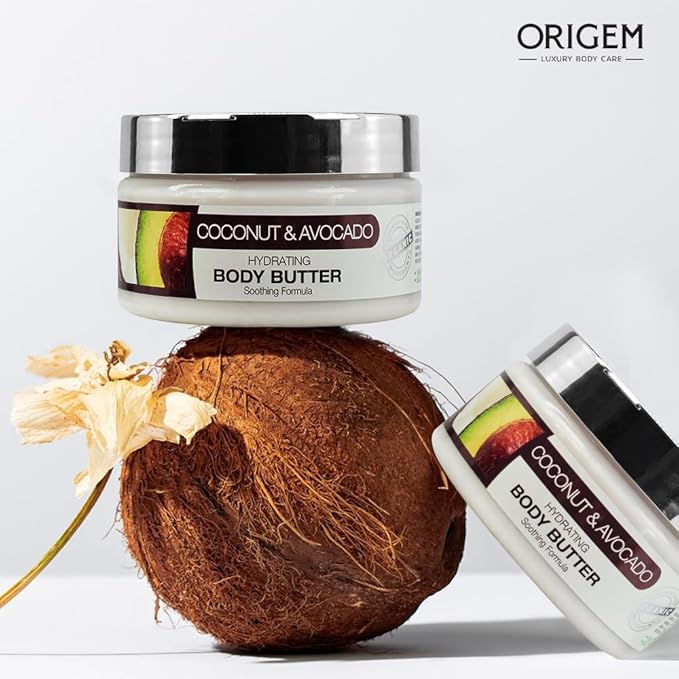 ORIGEM Body Butter for Dry Skin – Deep Hydration & Skin Repair – Coconut, Avocado, Shea & Argan Oil – Vitamin E Moisturizer for Women – Non-Greasy Body Cream – 8 Oz