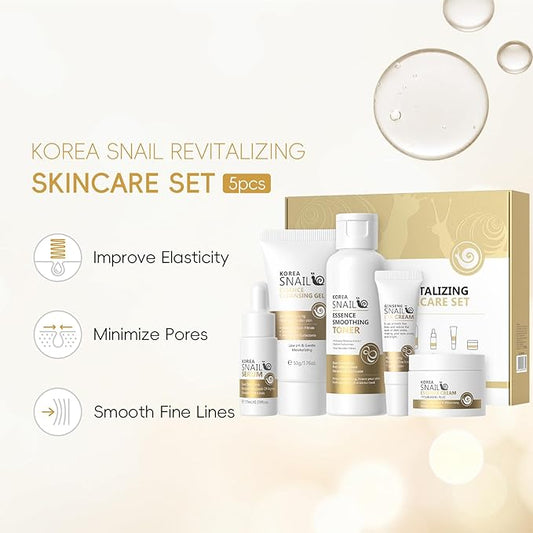 Snail Korean Skin Care Set - All About Snail Mucin Kit, Skin Care Kit with Cleanser, Toner, Serum, Eye Cream, Face Cream, Facial Kit for Women & Girls Hydrating Skin, TSA-Friendly Sizes 5Pcs