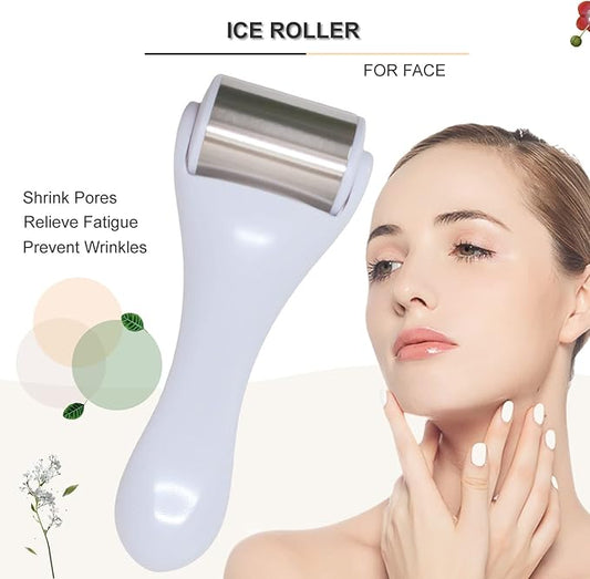 Ice Roller & Massager for Face & Eyes - Stainless Steel, 2 Pcs, Pain Relief, Dark Circles, Migraine (White)