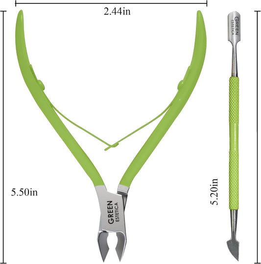 Professional Cuticle Trimmer with Cuticle Pusher Nail Cuticle Remover Nipper Silver Stainless Steel Sharp Blades Manicure Tools with Double Spring Nail Care Pedicure Nail Tools Home Spa (Green)