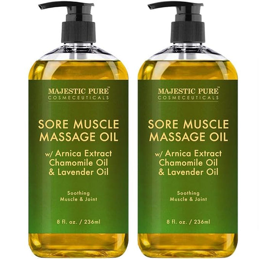 Majestic Pure Arnica Sore Muscle Massage for Massage Therapy - Natural Oil with Lavender and Chamomile Essential Oils - Multipurpose Instant Absorption Full Body Massage Oil - 8 Fl Oz (Pack of 2)