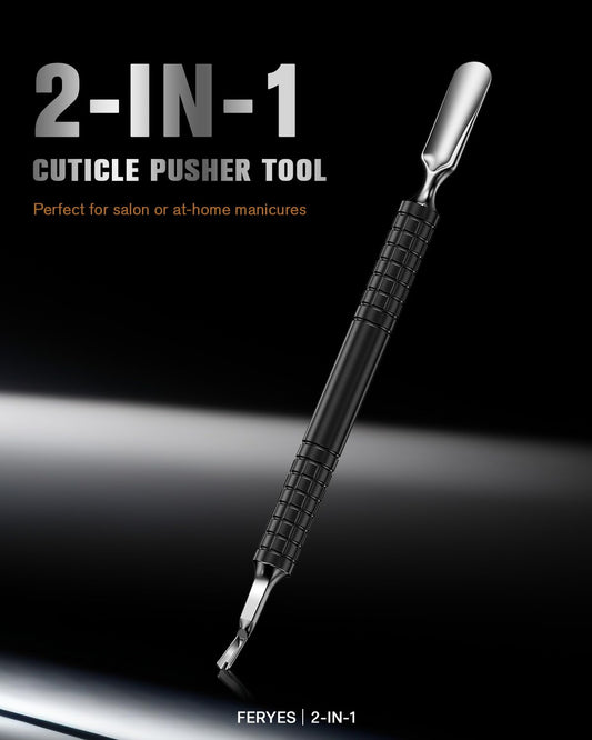 FERYES Cuticle Pusher with Fork, 2-in-1 Cuticle Remover Tool, Upgraded Stainless Steel Cuticle Trimmer Nail Care Tool for Manicures- Black(5.8 Inches)