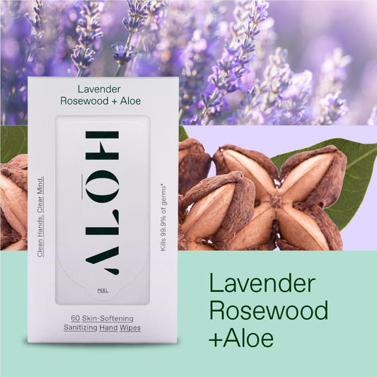 ALŌH Lavender Rosewood + Aloe Sanitizing Hand Wipes - Clean Hands, Clear Minds - On The Go Sanitizing Hand Wipes for Kids and Adults - Travel Size 3 Pack, 20ct Wipes (60 wipes)