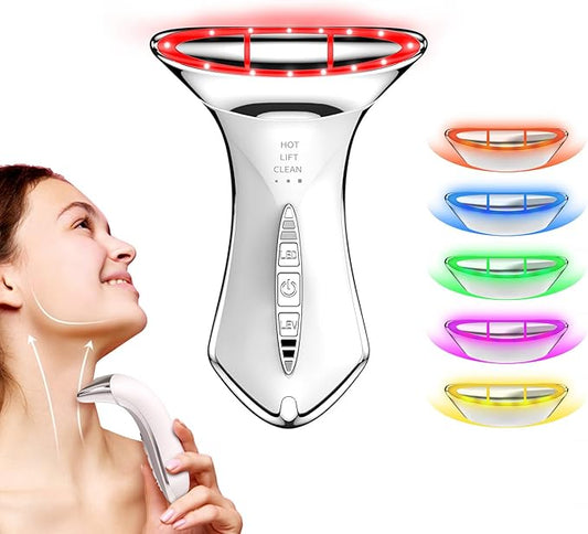 True Beauty Glow Facial Massager for Neck Care, Red Light for Face,Water Resistant 5-in-1 Led Facial Sculptor (White-Silver)