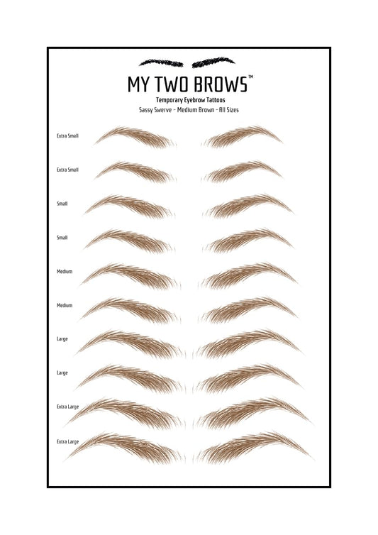 (10 pairs) Medium Brown Temporary Eyebrow Tattoo - Extra Large Size - Waterproof & Smudgeproof - Sassy Swerve Style Eyebrow Stickers - Sheet Lasts up to 30 Days - Won't Work on Existing Brows
