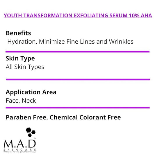 M.A.D Skincare Anti-Aging Youth Transformation Exfoliating Serum 10% AHA