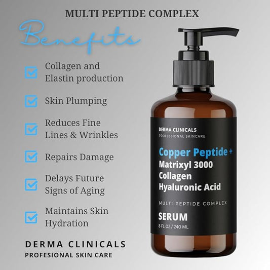 Copper Peptide + Matrixyl 3000, Collagen, Hyaluronic Acid Serum for face, Multi Peptide Firming and Plumping Serum, Anti-Wrinkle, Anti-Aging Face Serum - 8oz