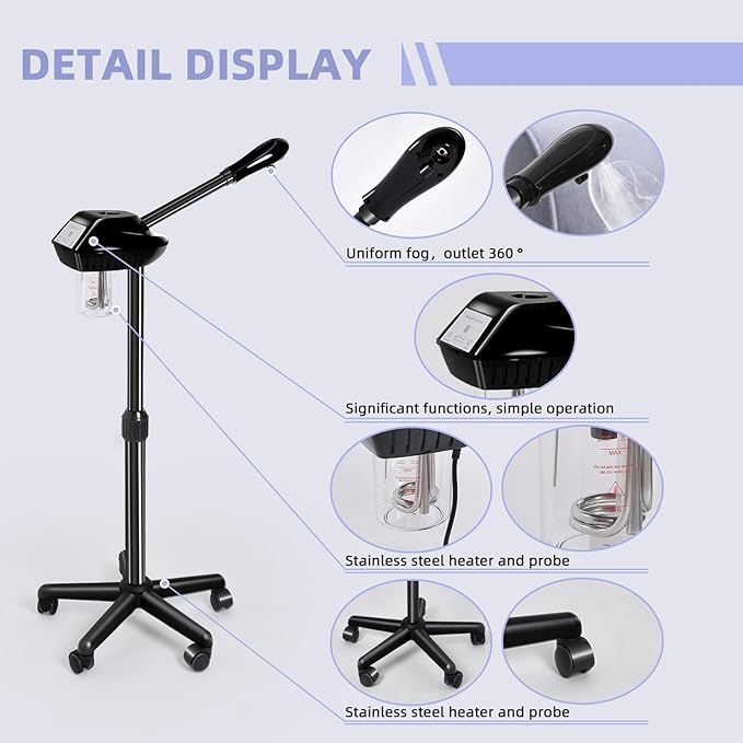 Facial Steamer, Face Steamer on on Wheels with More Steam, Adjustable Height for Face Steamer Suitable for Personal Home and Professional Personal Care Places,Moisturizing and Hydrating.