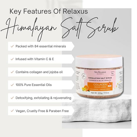 Spa Relaxus Himalayan Salt Scrub with Collagen 17.6 oz Jar, Rejuvenating Hydrating Salt Scrub with 84+ Minerals, Vitamin E, Jojoba Oil and Essential Oils (17.6 oz, Orange Lemon)