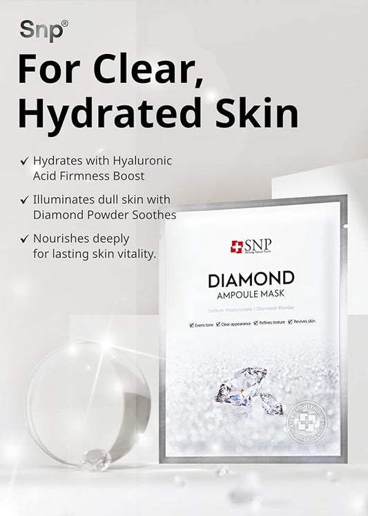 SNP [K Beauty Diamond Ampoule Sheet Mask | Tightening, Hydrating, and Nourishing with Real Diamonds for All Oily Skin Types | Korean Face Mask Skincare | Facial Moisturizing | 10 Sheets