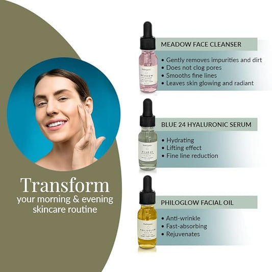 Philorganic Sustainable Facial Care Kit- Organic Trio Set- Cleanser, Hyaluronic Serum, & Oil - Self-Care Spa Moment & Gift - Small Batch USA Made
