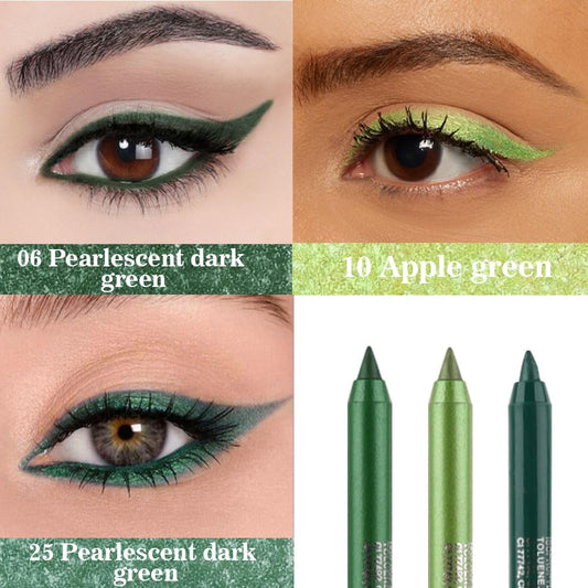 evpct 3Pcs Shimmer Emerald Green & Light Green & Shimmer Dark Green Gel Glitter Eyeliner Pencils Set for Women Waterproof Smudge Proof lapiz de ojos delineador de ojos contra el agua Eye Liner Makeup
