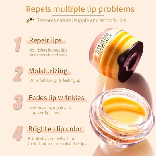 5PCS Bee Lip Balm Honey Pot,Honey&Strawberry&Watermelon&Cherry&Apple Lip Mask Overnight Propolis Moisturizing Lip Balm Hydrating Prevention Dry and Crack Lip Scrubs Exfoliator Lip Wrinkle Care