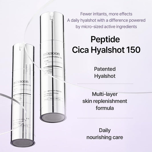 mixsoon Peptide Cica Hyalshot 150, 1.69 Fl. Oz / 50ml Centella Asiatica, Hyaluronic Acid for Sensitive Skin Lightweight & Fragrance-Free Korean Glass Skin Care
