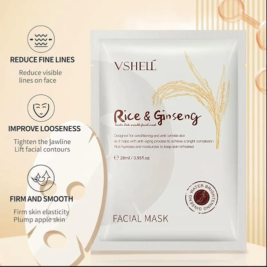 Korean Ginseng Rice Facial Mask 10 Pack Vegan with Vitamin C Korean Ingredient Brightens Skin, Mask Sheet