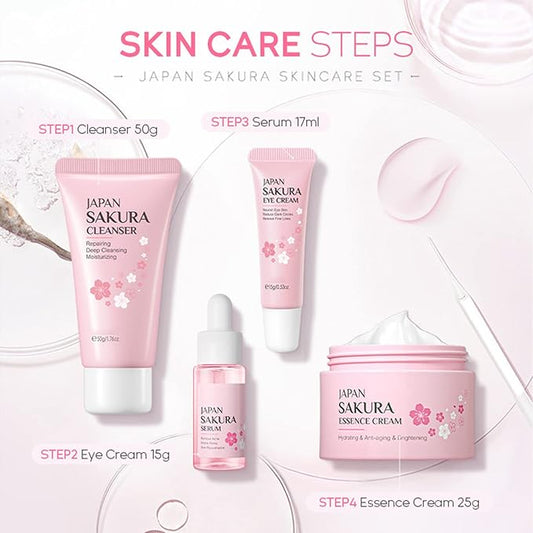 Skin Care Set - Sakura Skin Care Sets & Kits - Women Gift Sets with Cleanser,Serum,Eye Cream,essence Cream - Beauty Products For Women - Skin Care Routine Travel Kit (SetB)