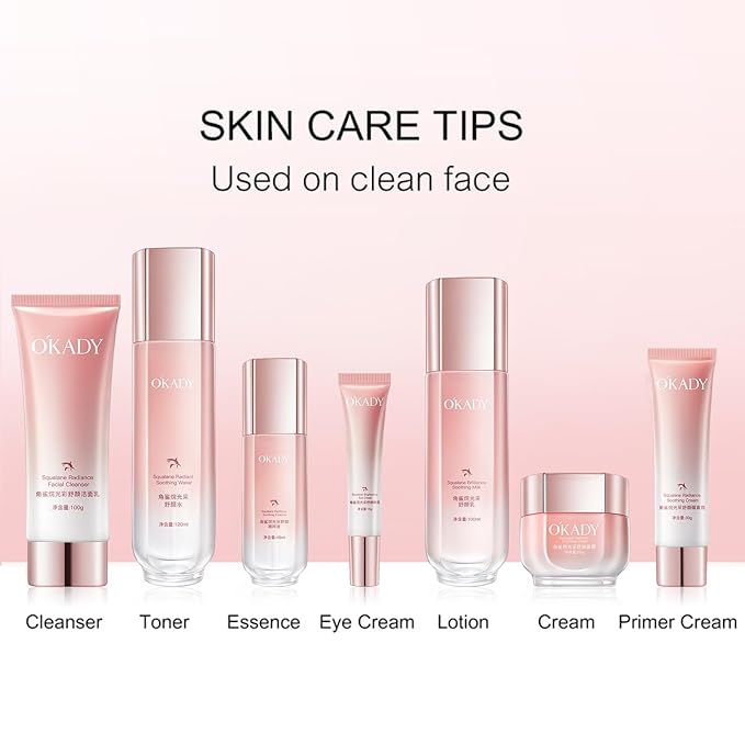 O'KADY 7-Piece Skincare Gift Set with Squalane & Plant Extracts | Hydrating Sensitive Skin Care | Non-Greasy Moisturizing Routine | Day & Night Facial Set for Women
