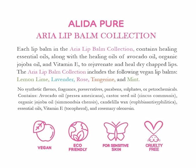 Aria Lip Balm Collection, Vegan Lip Balm Set, Beeswax Free, with Avocado Oil, Organic Jojoba Oil, and Vitamin E, Natural Moisturizer for Dry, Chapped Lips, 5 Tube Set