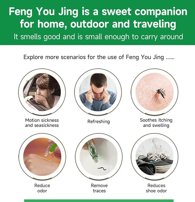 Feng You Jing 0.4 fl.oz (12 mL) - Topical External Analgesic Massage Oil - Ease Itching & Topical Pain, Relief of Carsickness & Dizziness, Green