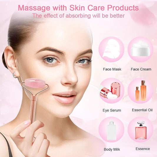 2 Pack Jade Facial Roller & Rose Quartz Face Roller for Wrinkles and Puffiness, Natural Jade Stone Face Massager Roller